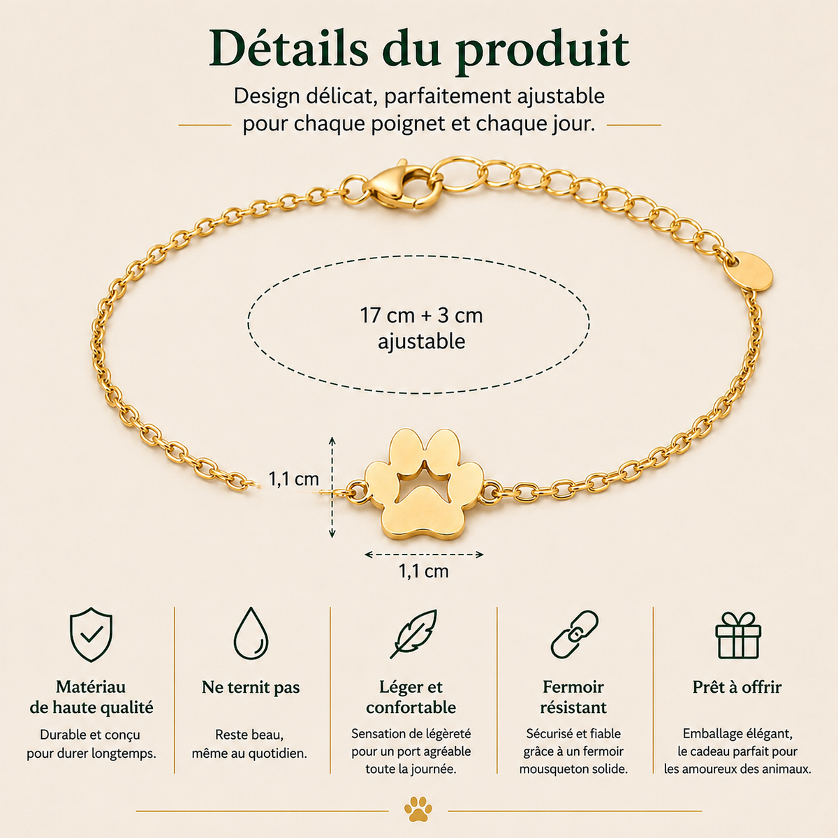 Bracelet patte de chien personnalisé avec prénom gravé