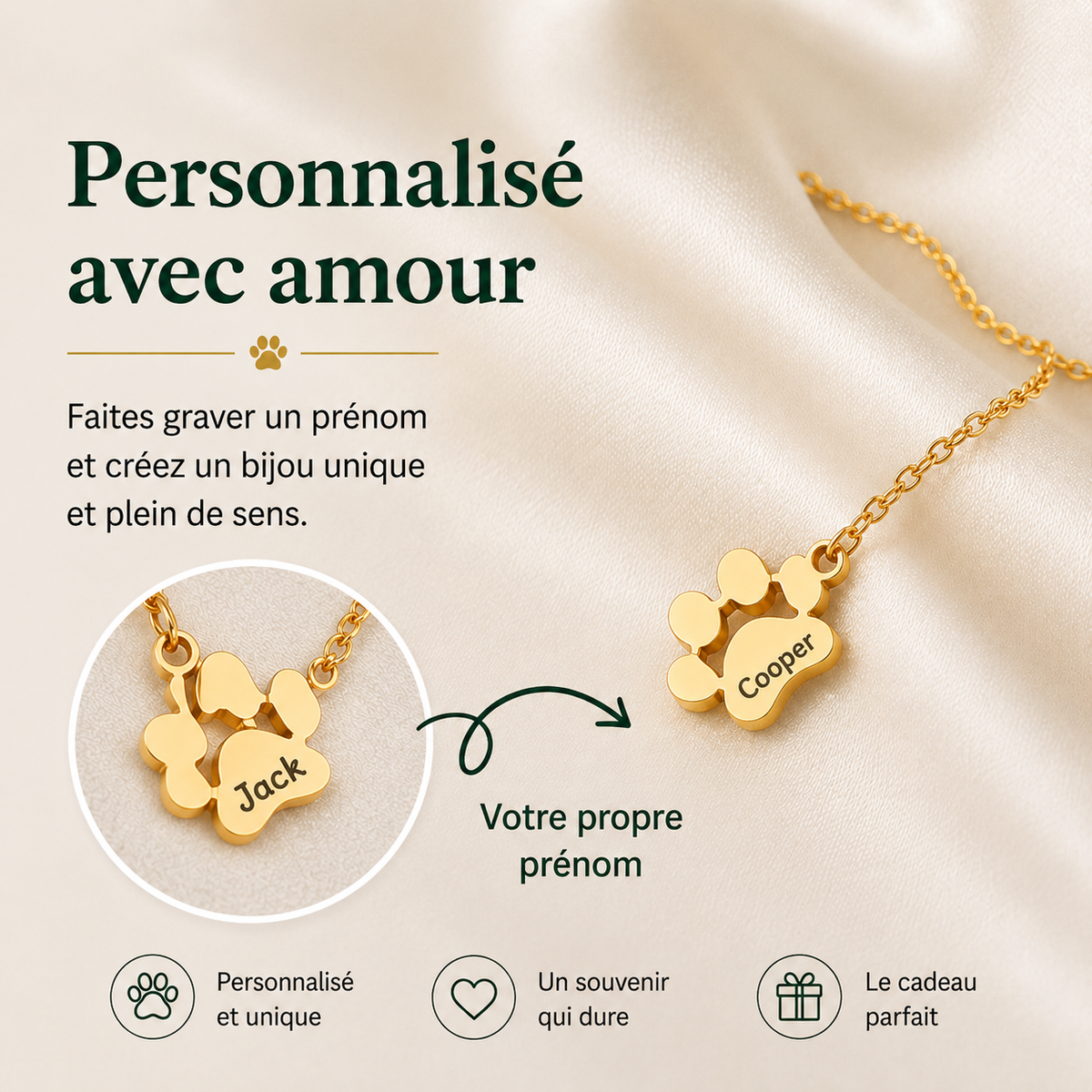 Bracelet patte de chien personnalisé avec prénom gravé