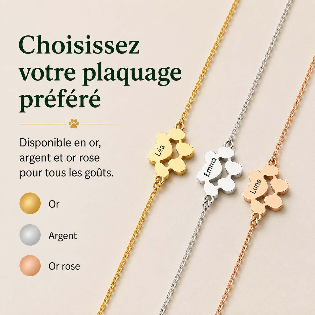 Bracelet patte de chien personnalisé avec prénom gravé