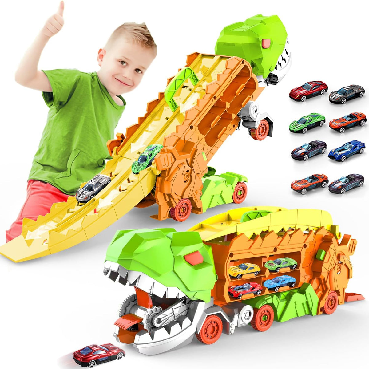 Super Transporteur Dino City avec Piste | Camion Transformable avec Piste de Course Dino pour Enfants