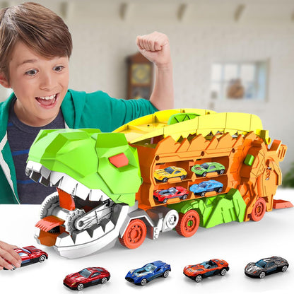 Super Transporteur Dino City avec Piste | Camion Transformable avec Piste de Course Dino pour Enfants