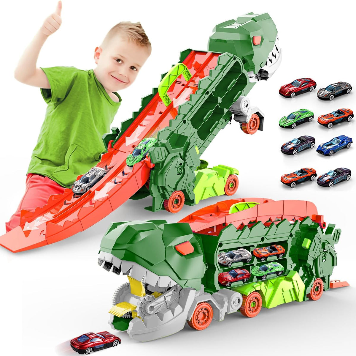 Super Transporteur Dino City avec Piste | Camion Transformable avec Piste de Course Dino pour Enfants