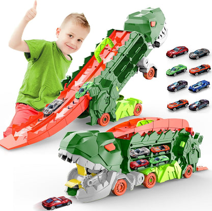 Super Transporteur Dino City avec Piste | Camion Transformable avec Piste de Course Dino pour Enfants