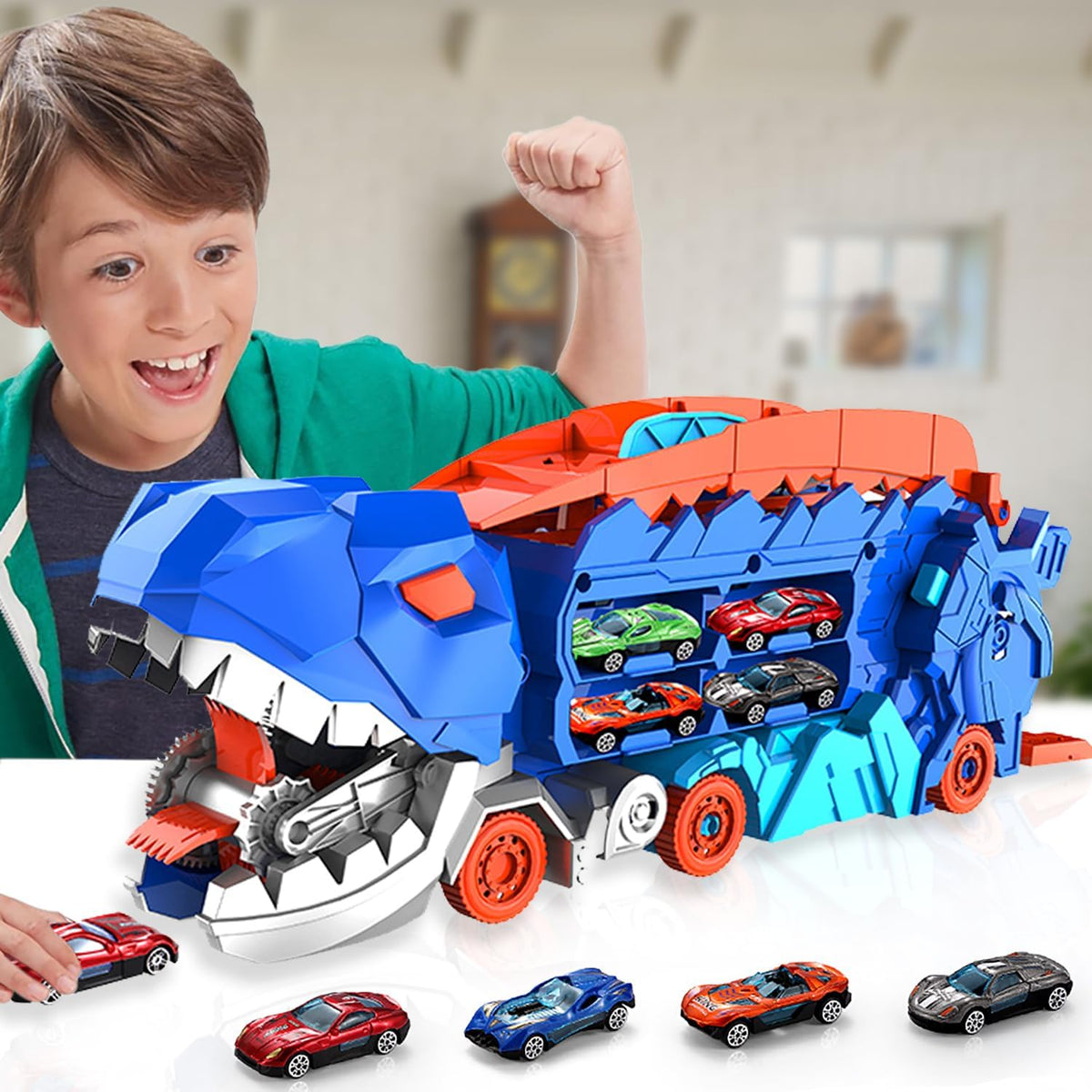 Super Transporteur Dino City avec Piste | Camion Transformable avec Piste de Course Dino pour Enfants