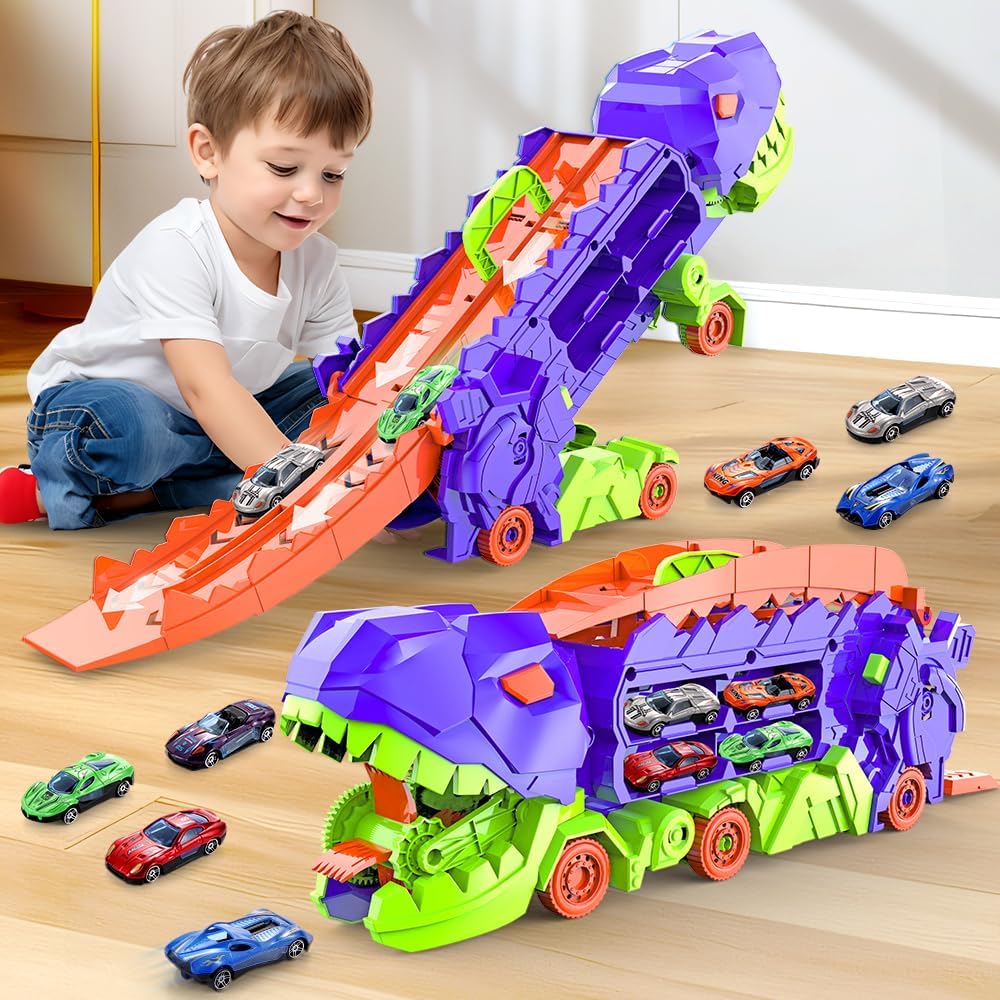 Super Transporteur Dino City avec Piste | Camion Transformable avec Piste de Course Dino pour Enfants