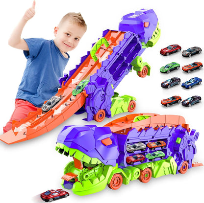 Super Transporteur Dino City avec Piste | Camion Transformable avec Piste de Course Dino pour Enfants