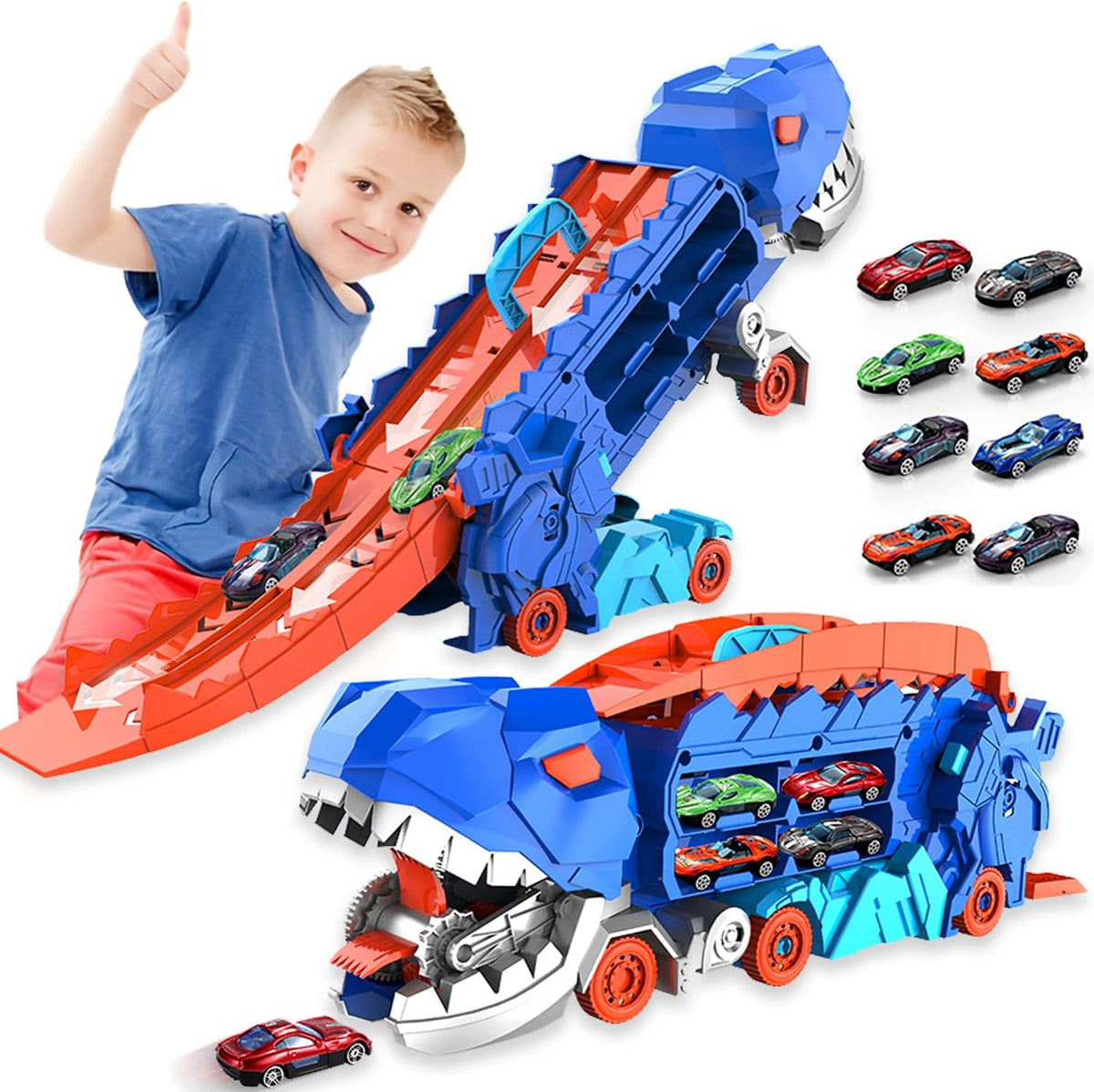 Super Transporteur Dino City avec Piste | Camion Transformable avec Piste de Course Dino pour Enfants
