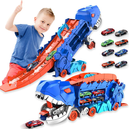 Super Transporteur Dino City avec Piste | Camion Transformable avec Piste de Course Dino pour Enfants