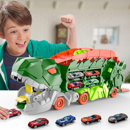 Super Transporteur Dino City avec Piste | Camion Transformable avec Piste de Course Dino pour Enfants