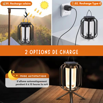 Lanterne Solaire LED Effet Flamme — Éclairage d'Ambiance Extérieur Rechargeable USB-C