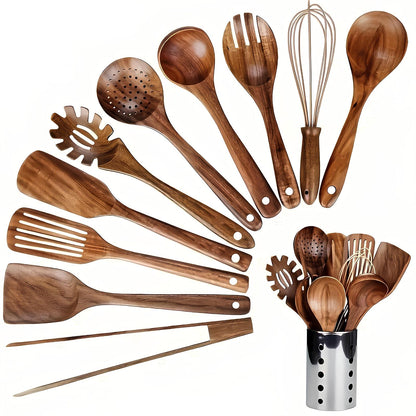 Skanto | 11-Piece Teak Kitchen Utensil Set | With Holder | Natural Wood