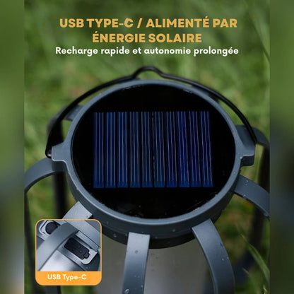 Lanterne Solaire LED Effet Flamme — Éclairage d'Ambiance Extérieur Rechargeable USB-C