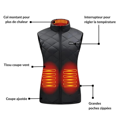 Gilet chauffant femme 9 zones - chaleur réglable pour l’hiver