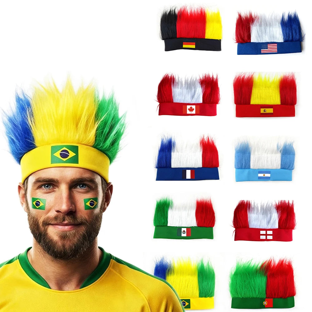 Bandeau Perruque pour Supporters de Football avec Autocollant Drapeau National, Bandeau Poilu, Perruques Chapeau Fou de Football, Accessoires de Costume pour Événements Sportifs