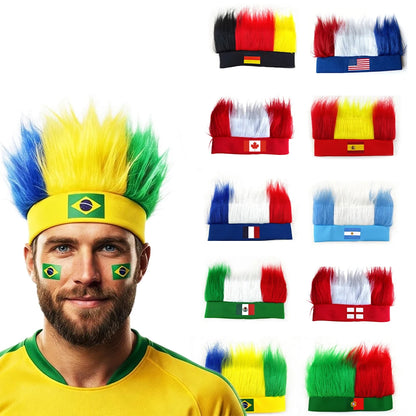 Bandeau Perruque pour Supporters de Football avec Autocollant Drapeau National, Bandeau Poilu, Perruques Chapeau Fou de Football, Accessoires de Costume pour Événements Sportifs