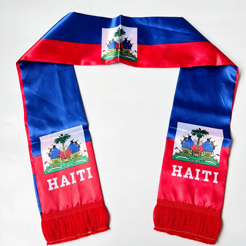 Écharpe Drapeau Haïti Norvège 2026, 14x135cm, Imprimée Double Face en Satin, avec Pompons, Idéale pour le Football et les Sports
