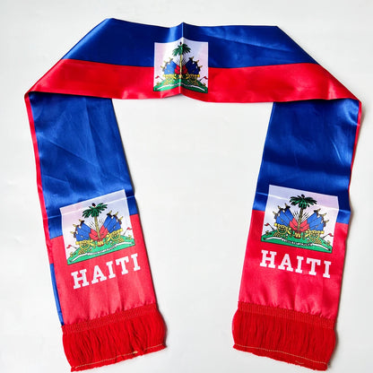 Écharpe Drapeau Haïti Norvège 2026, 14x135cm, Imprimée Double Face en Satin, avec Pompons, Idéale pour le Football et les Sports