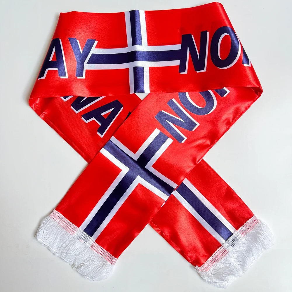 Écharpe Drapeau Haïti Norvège 2026, 14x135cm, Imprimée Double Face en Satin, avec Pompons, Idéale pour le Football et les Sports