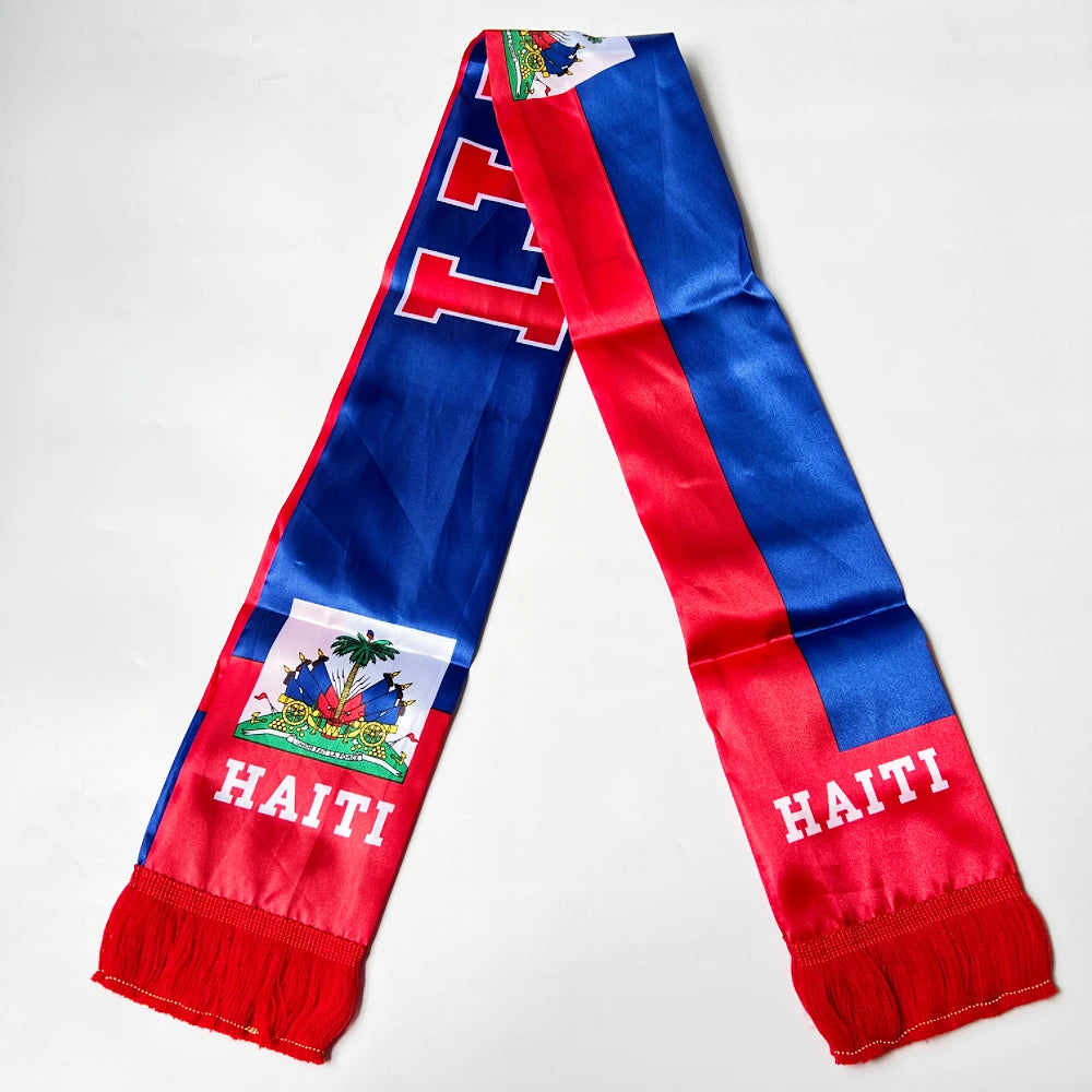 Écharpe Drapeau Haïti Norvège 2026, 14x135cm, Imprimée Double Face en Satin, avec Pompons, Idéale pour le Football et les Sports