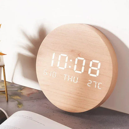 BoisTempo – Horloge de Bureau en Bois avec Alarme et Affichage LED - Rondor