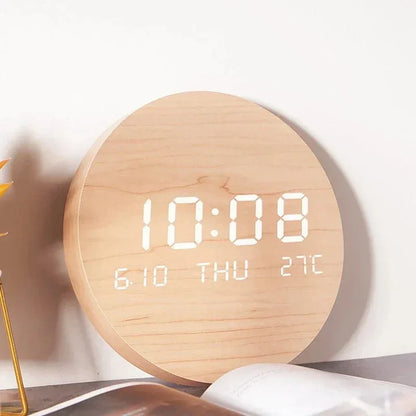 BoisTempo – Horloge de Bureau en Bois avec Alarme et Affichage LED - Rondor