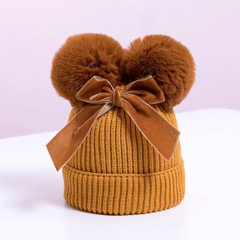 Bonnet tricoté à double pompon avec noeud - Rondor