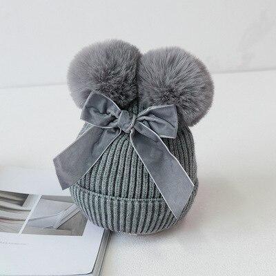 Bonnet tricoté à double pompon avec noeud - Rondor