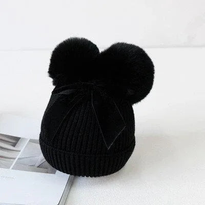 Bonnet tricoté à double pompon avec noeud - Rondor