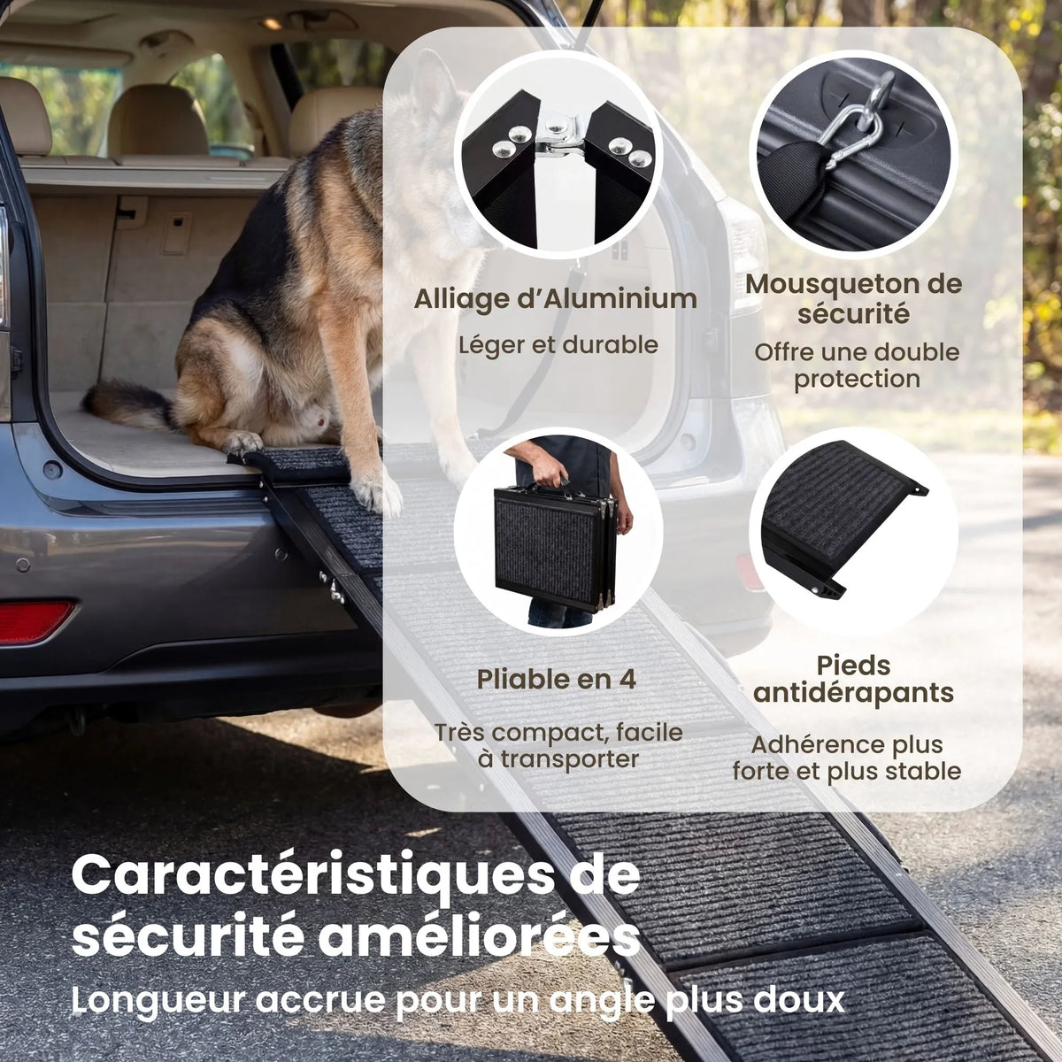 Rampe d'Accès Chien Voiture Premium en Aluminium - Pliable & Supporte 115kg (Anti-Arthrose)