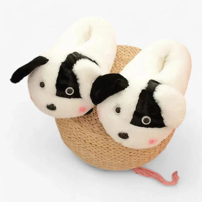 Chausson Chien Peluche Blanc Noir - Rondor