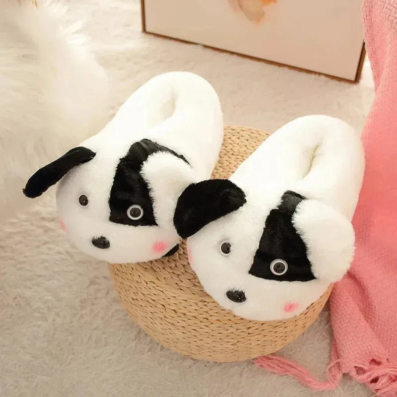 Chausson Chien Peluche Blanc Noir - Rondor
