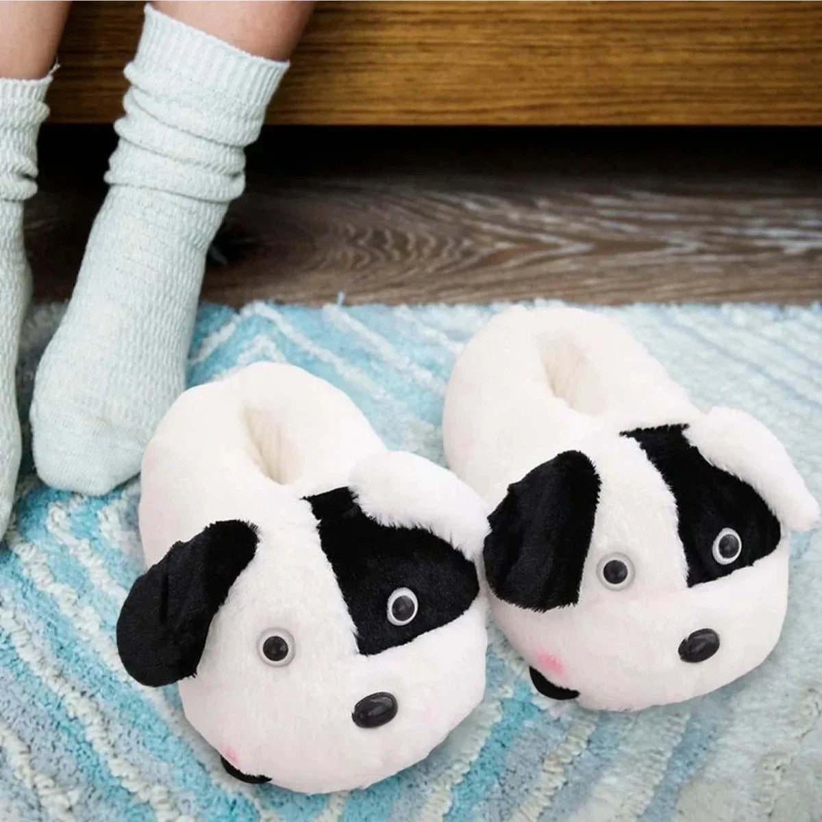 Chausson Chien Peluche Blanc Noir - Rondor
