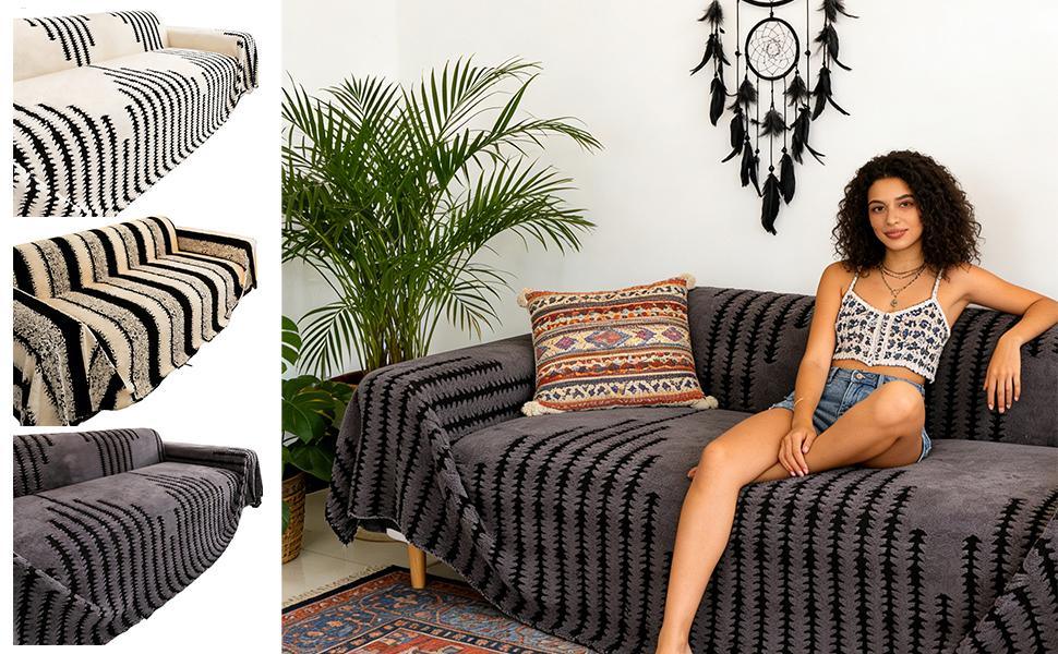 Couvre - canapé en peluche - Couverture extra épaisse et antidérapante avec bords élastiques pour l'automne et l'hiver - Rondor