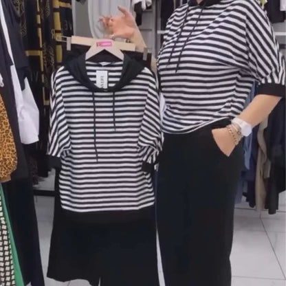 Ensemble Femme Rayé avec Capuche et Pantalon Fluide – Confort Chic du Quotidien - Rondor