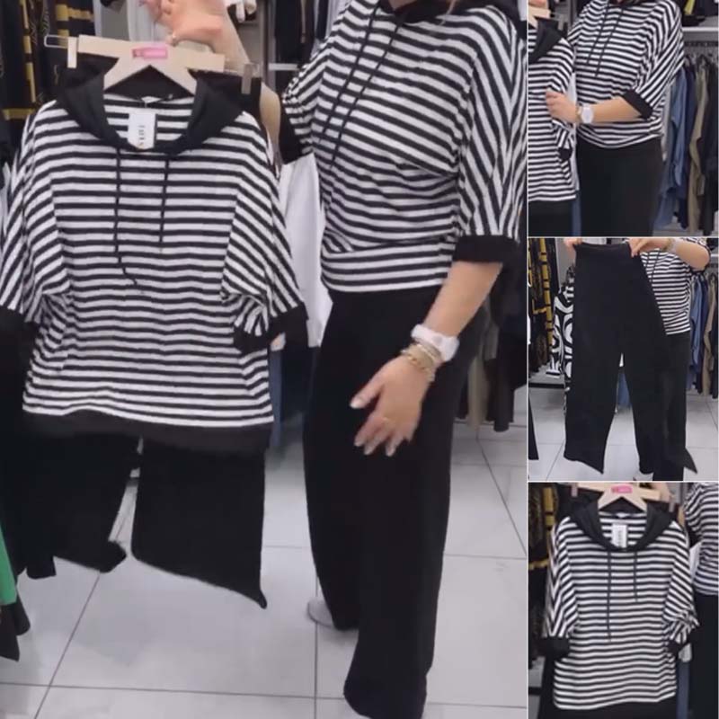 Ensemble Femme Rayé avec Capuche et Pantalon Fluide – Confort Chic du Quotidien - Rondor