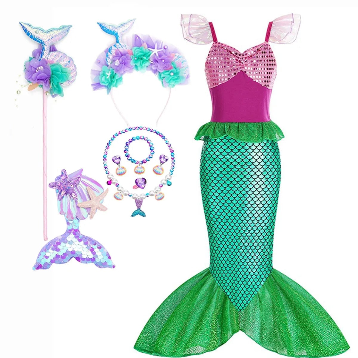 Halloween Mermaid Carnival Costume for Children with Tulle Skirt and Accessories