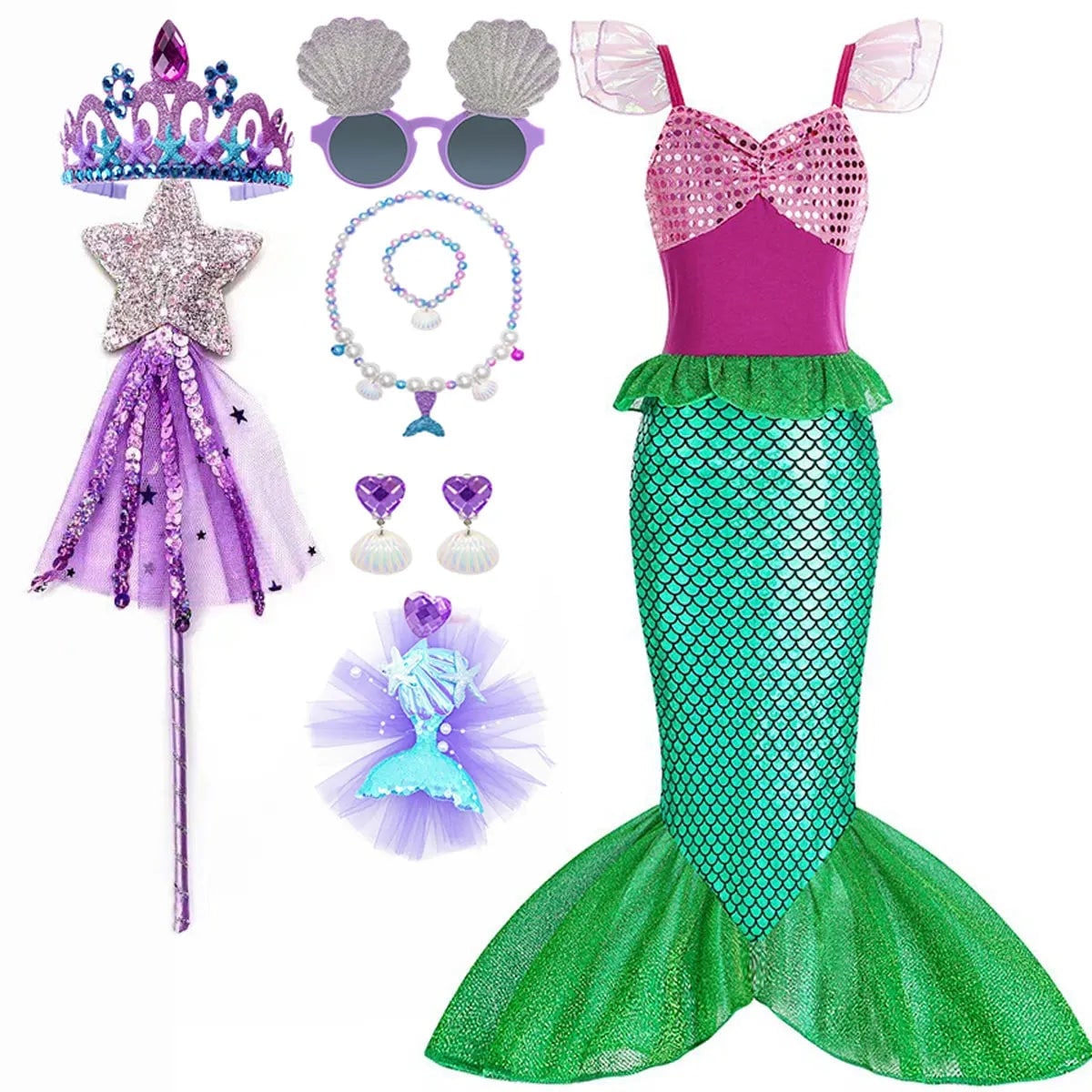 Halloween Mermaid Carnival Costume for Children with Tulle Skirt and Accessories