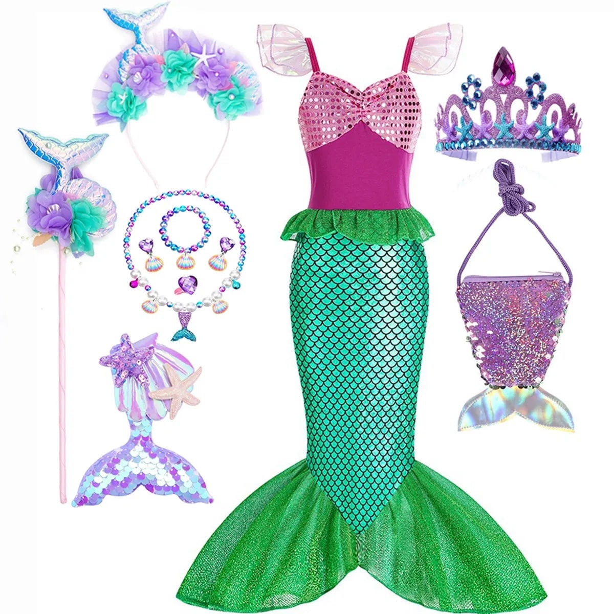 Halloween Mermaid Carnival Costume for Children with Tulle Skirt and Accessories