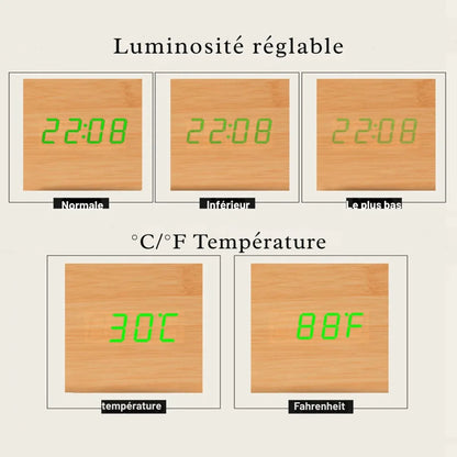 Horloge Numérique Moderne en Bois - Rondor