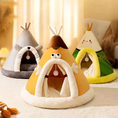 Cat Bed, Tent-Style Plush Cat House with Hanging Ball and Soft Cushion, Tall Scratching Post