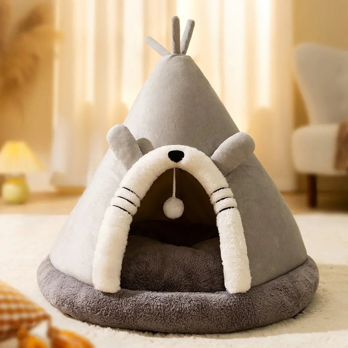 Cat Bed, Tent-Style Plush Cat House with Hanging Ball and Soft Cushion, Tall Scratching Post