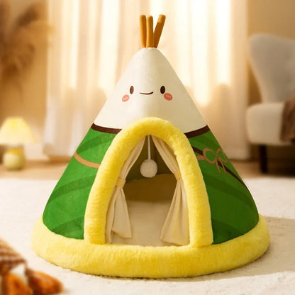 Cat Bed, Tent-Style Plush Cat House with Hanging Ball and Soft Cushion, Tall Scratching Post