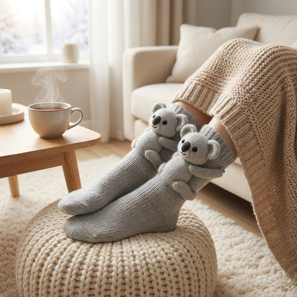 Chaussettes d'intérieur douillettes à motif animal, taille unique