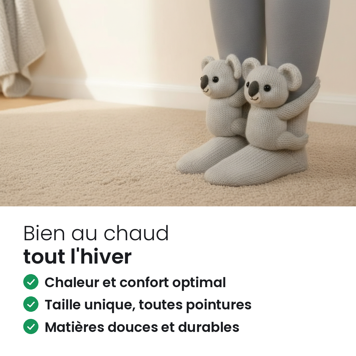 Chaussettes d'intérieur douillettes à motif animal, taille unique